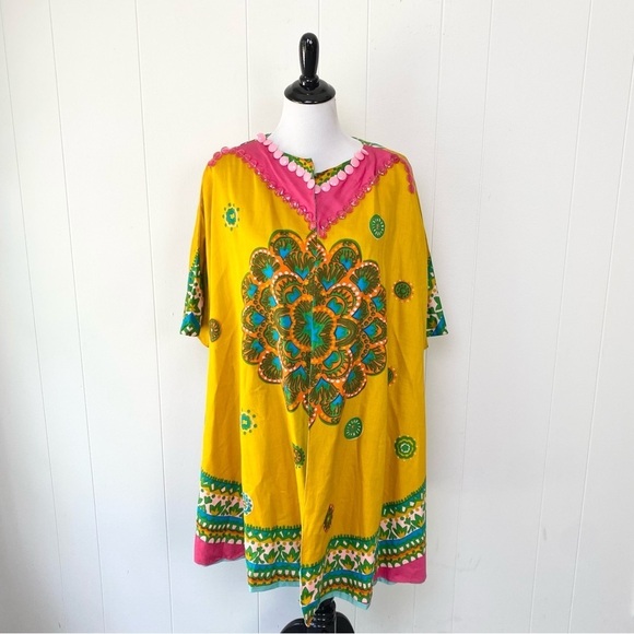 Handmade Jackets & Blazers - VTG 60s Top Cape Hippie Yellow Hawaiian Cotton Tunic Boho One Size Handmade